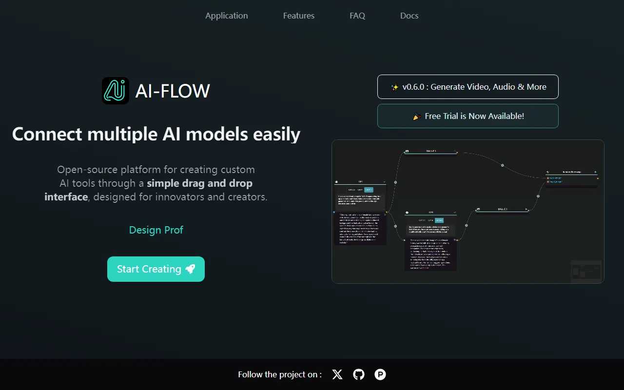 Screenshot of AI-FLOW is an innovative open-source platform designed to effortlessly connect and combine leading AI models, crafting custom AI tools tailored to your unique needs.