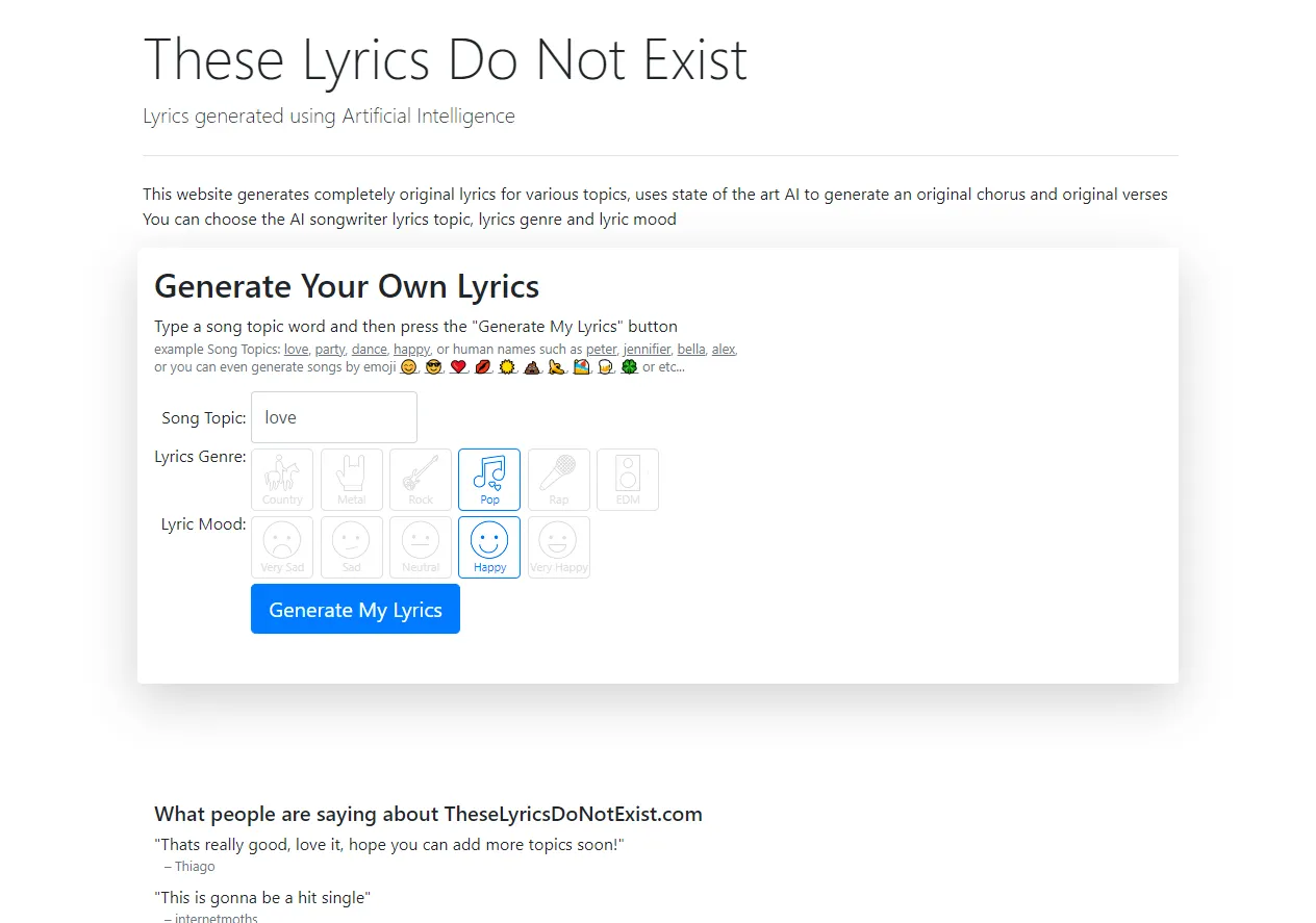 Screenshot of Artificial Intelligence Songwriter – These Lyrics Do Not Exist.