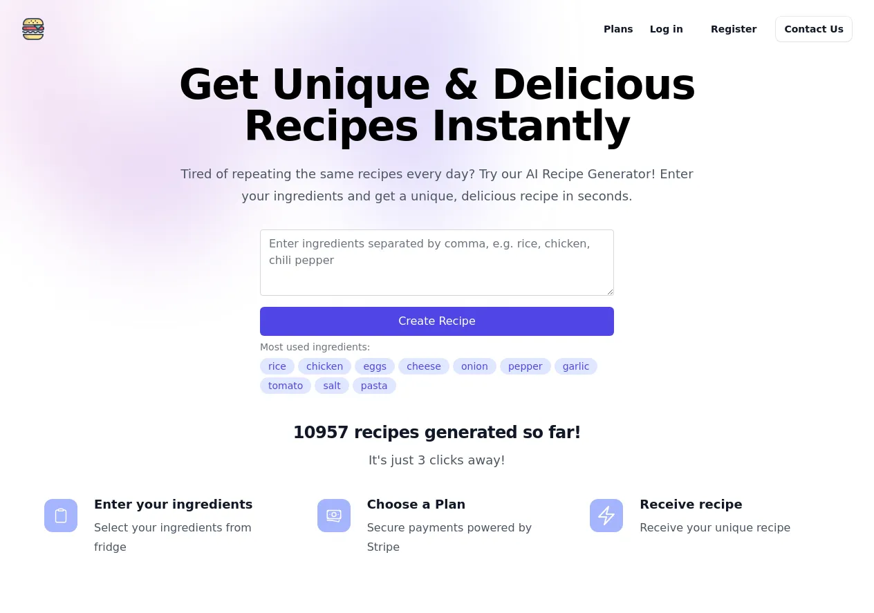 Screenshot of AI Recipe Generator - Get Unique & Delicious Recipes Instantly.