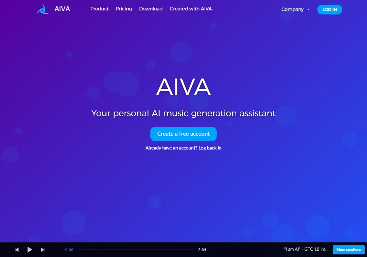 Screenshot of AIVA - The Artificial Intelligence composing emotional soundtrack music.