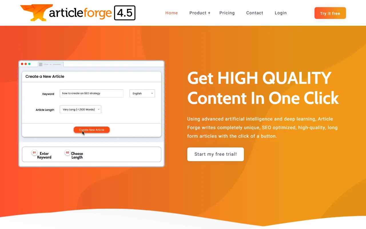 Screenshot of High Quality, AI Content Generator - Article Forge.