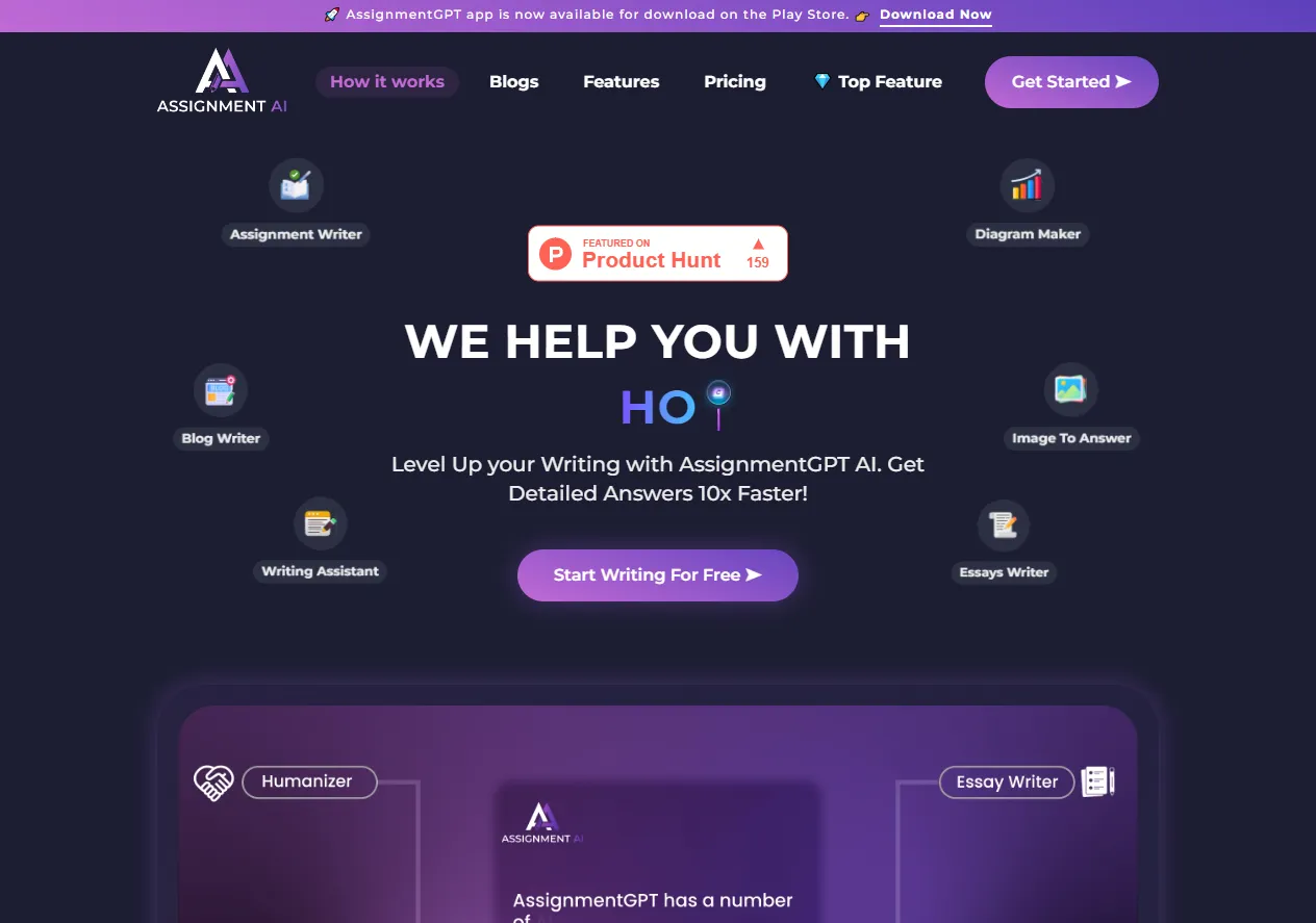 Screenshot of AssignmentGPT AI is a revolutionary new writer tool website that provides users with a powerful AI-powered writing assistant Craft outstanding assignments, essays, blogs, lesson plans.
