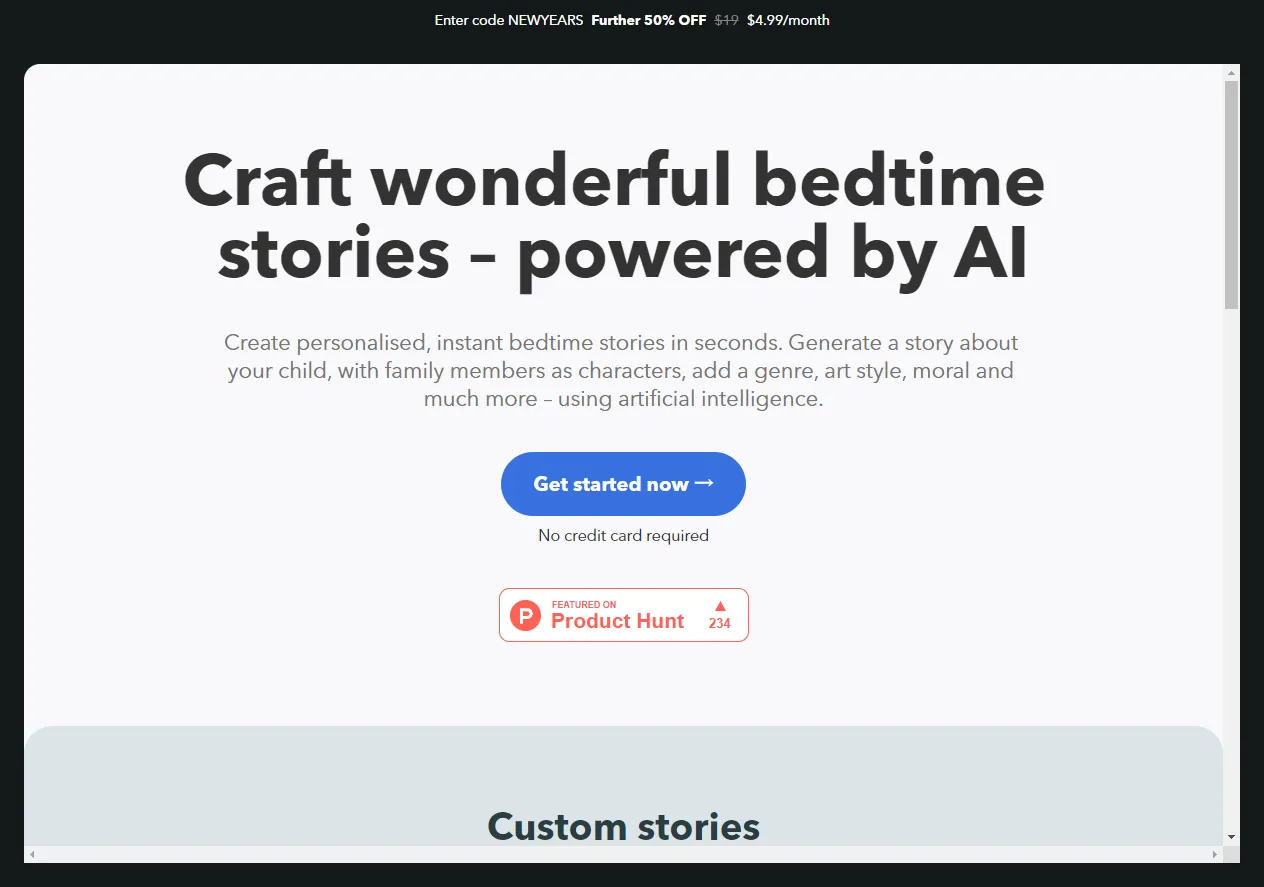 Screenshot of Craft wonderful bedtime stories – powered by AI.