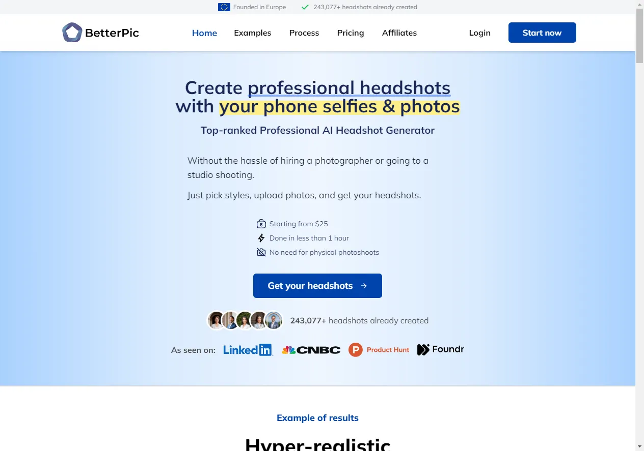 Screenshot of BetterPic: transform casual photos into professional headshots.