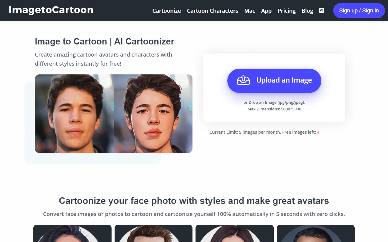 Screenshot of Image to Cartoon - AI Cartoonizer. Create Amazing Cartoon Avatars and Characters With Different Styles Instantly for Free!.