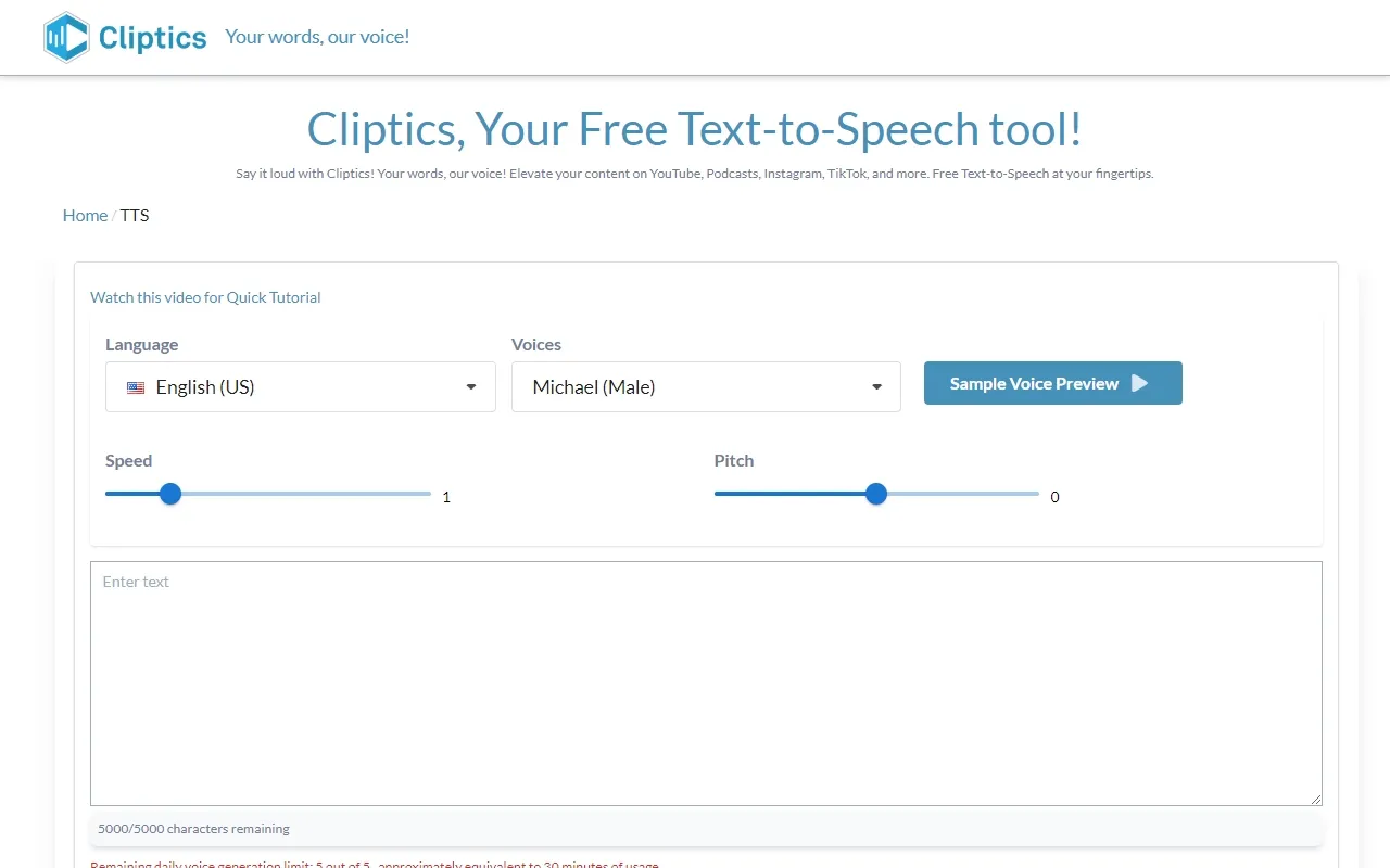 Screenshot of Cliptics, Free Text to speech! Your words, our Voices.