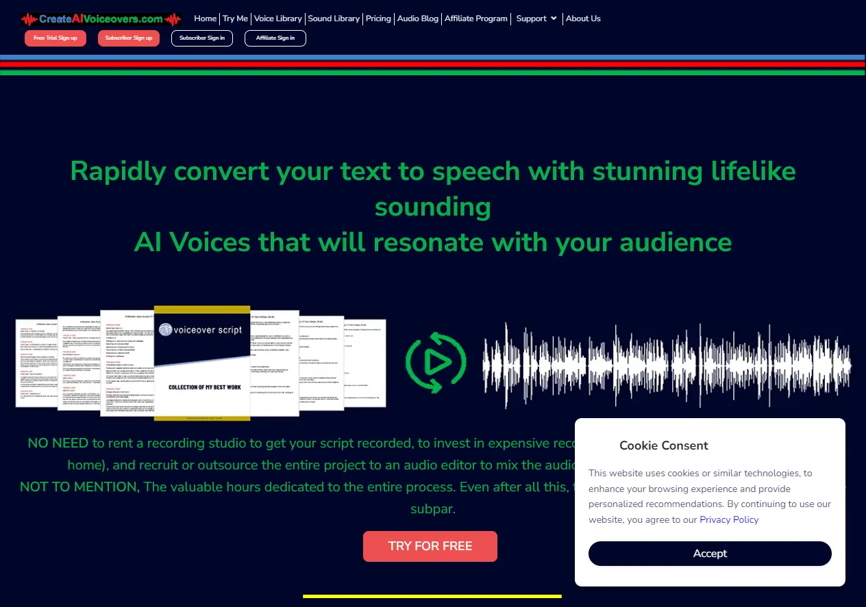 Screenshot of Text to Speech Online Voice Generator, Text to Speech Generator - Realistic Voices - Create AI Voice Overs.