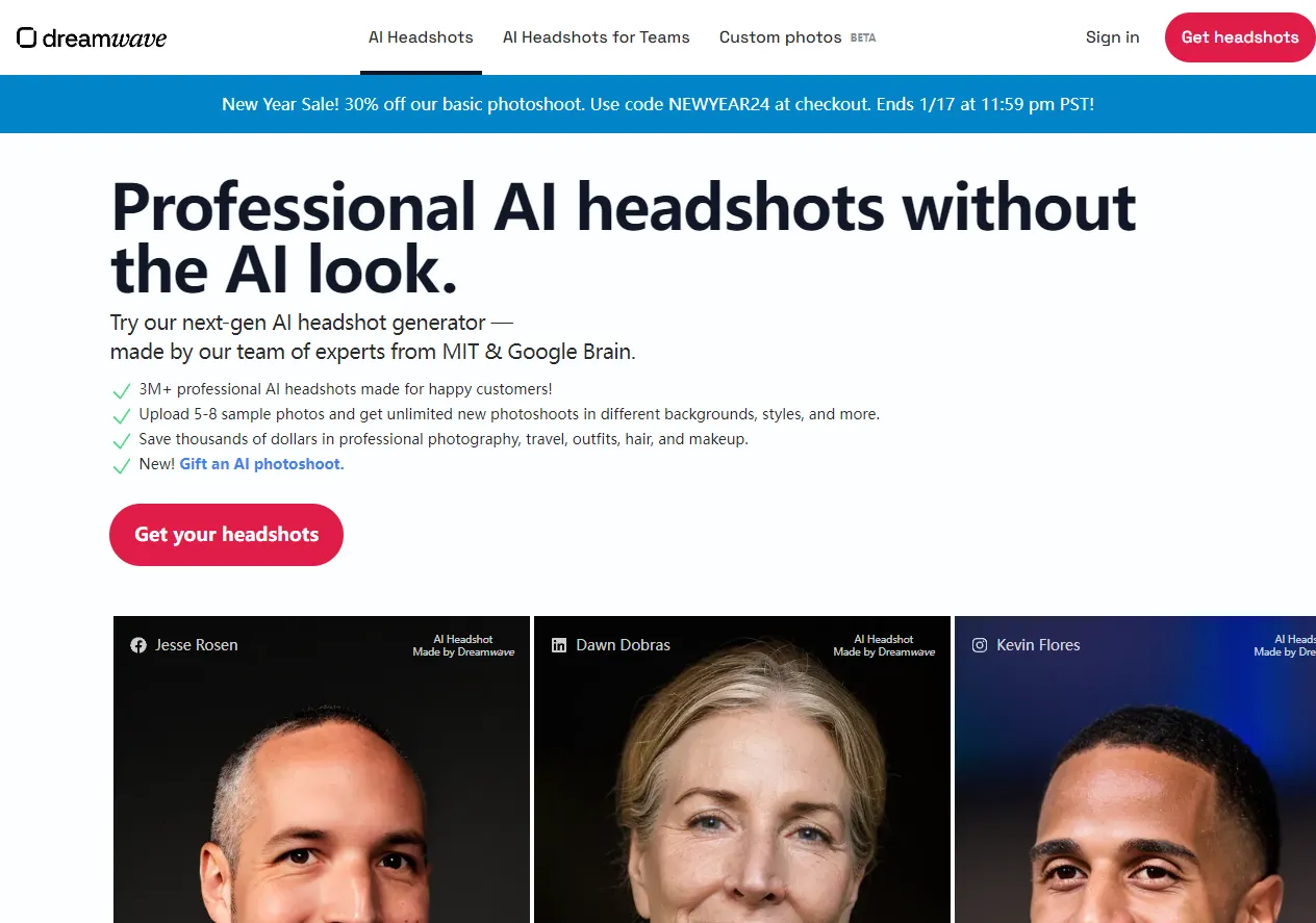 Screenshot of Dreamwave AI - Next-gen AI headshot generator for natural AI headshots without the AI look.