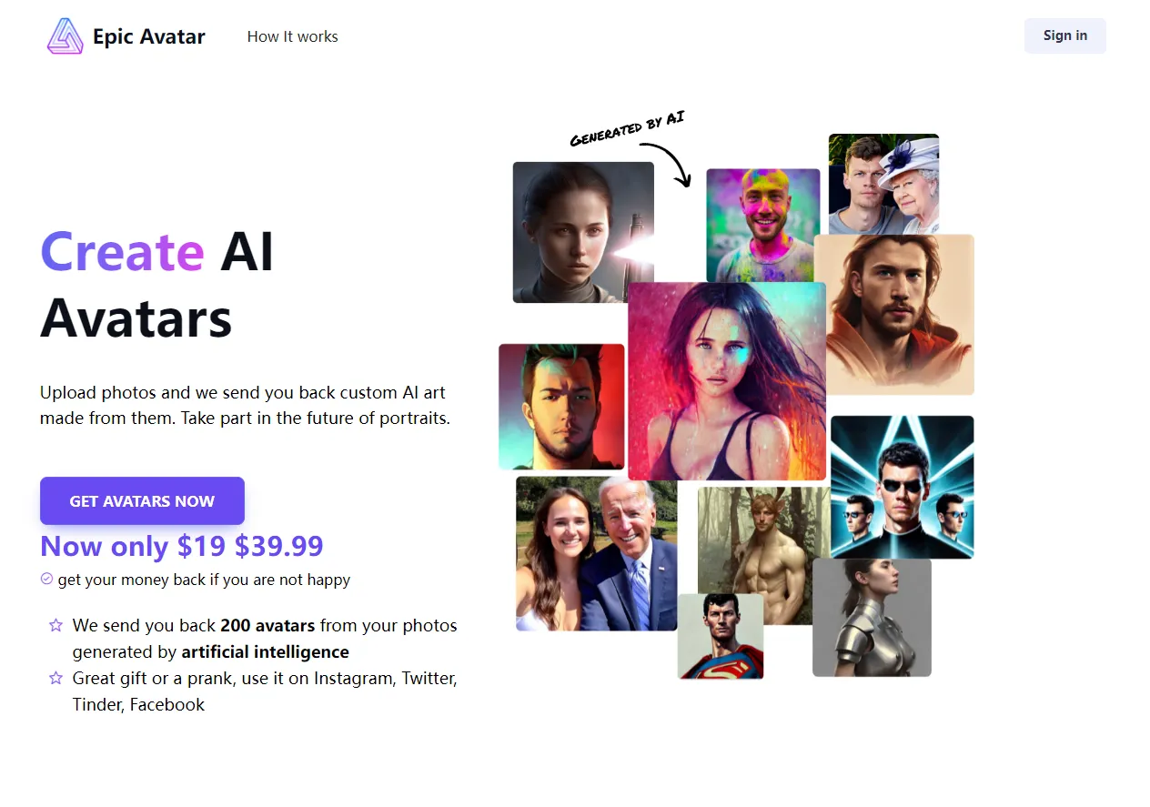Screenshot of Epic Avatar - AI Profile Picture Generator.