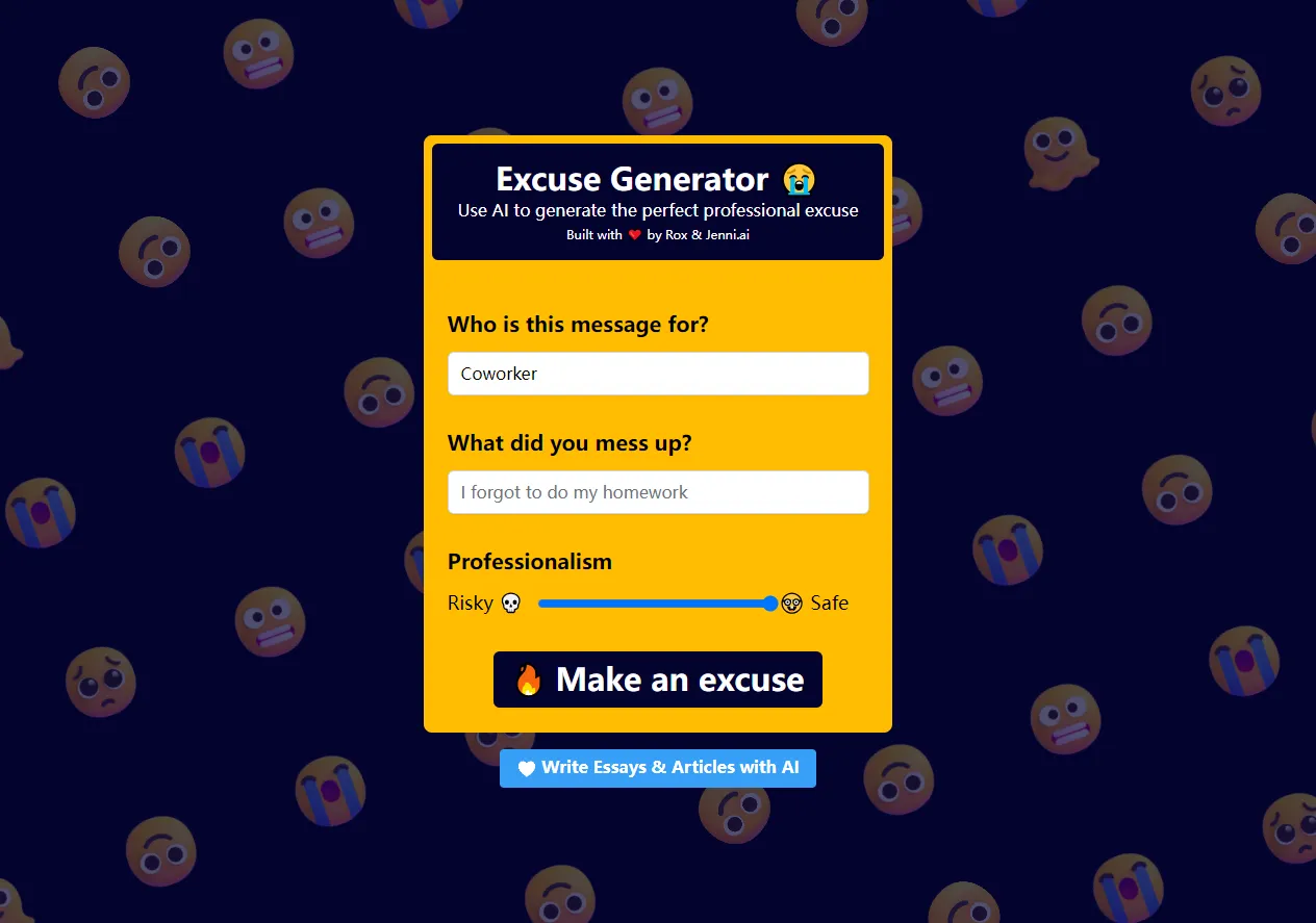 Screenshot of Excuse Generator.