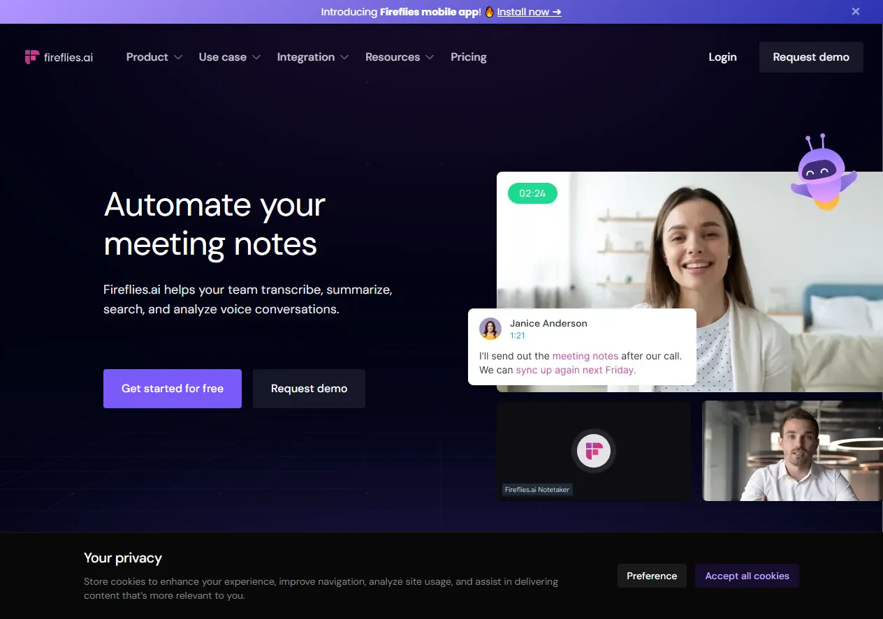 Screenshot of Fireflies.Ai - Automate your meeting notes - Notetaker & Conversation Intelligence.