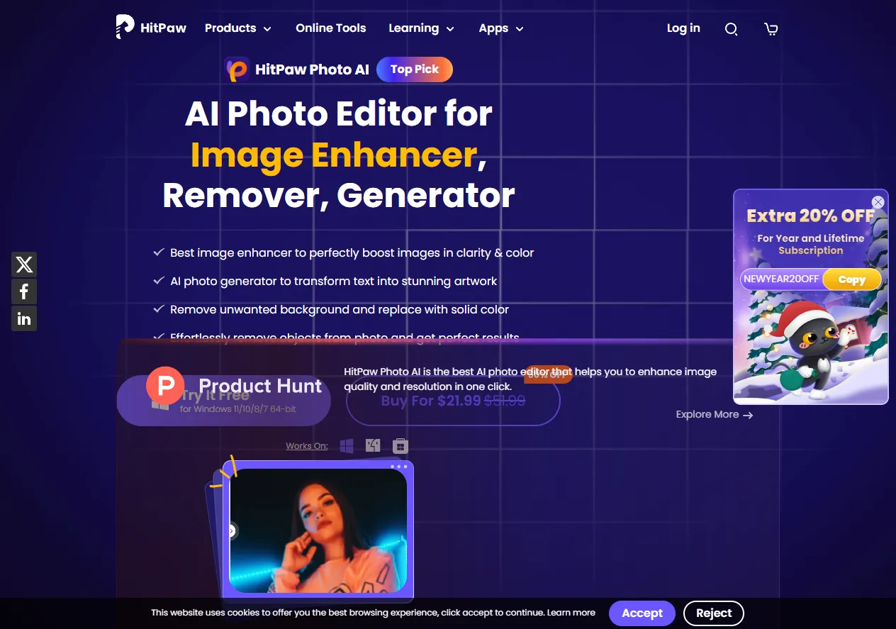 Screenshot of HitPaw Photo AI is a multi-functional AI photo editing tool that integrates photo enhancement, object & background removal functions, and generate AI art.