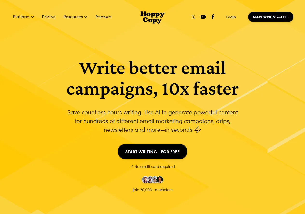 Screenshot of Hoppy Copy: AI Email Marketing Copywriting Platform.