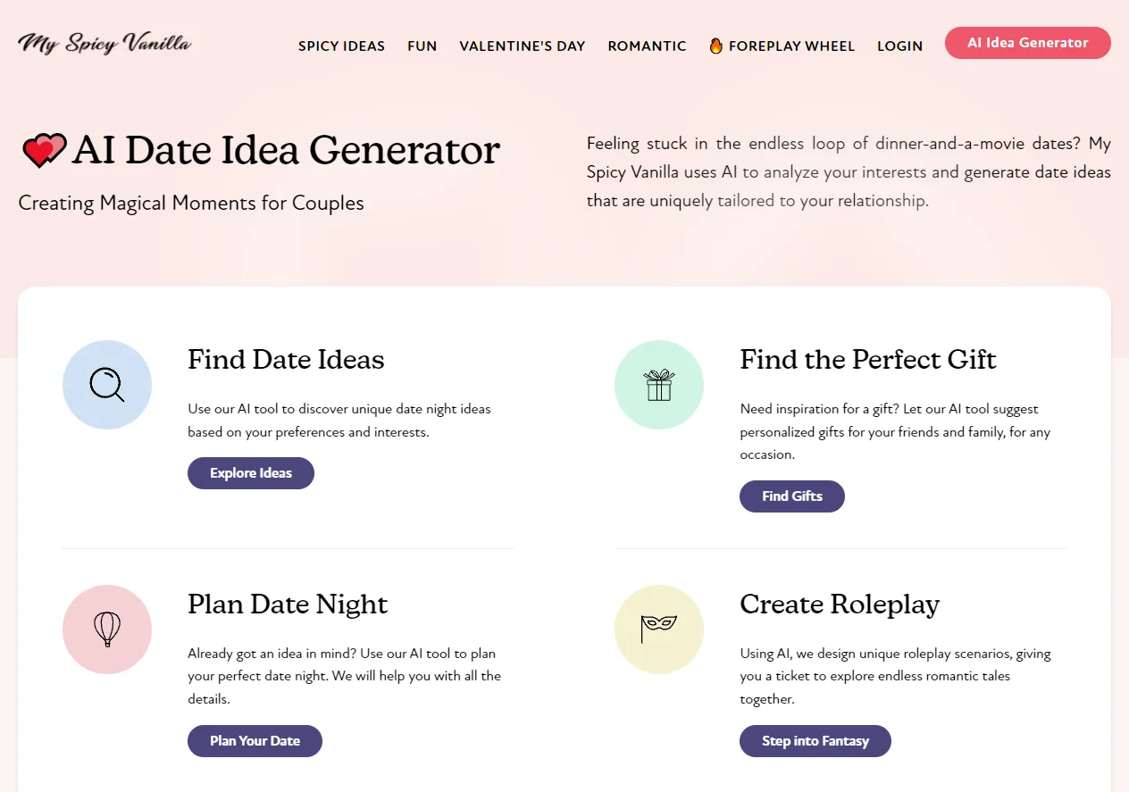 Screenshot of AI Date Idea Generator by My Spicy Vanilla.