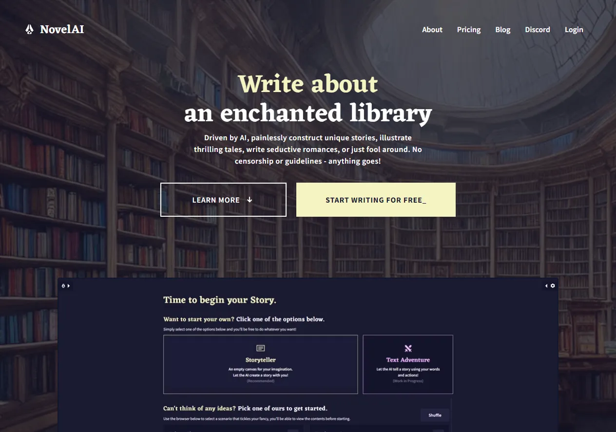 Screenshot of Novelai - The GPT-Powered AI Storyteller.
