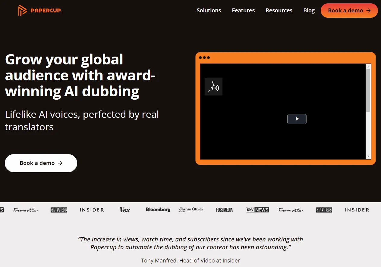 Screenshot of Papercup - AI Dubbing and Video Translation Software.