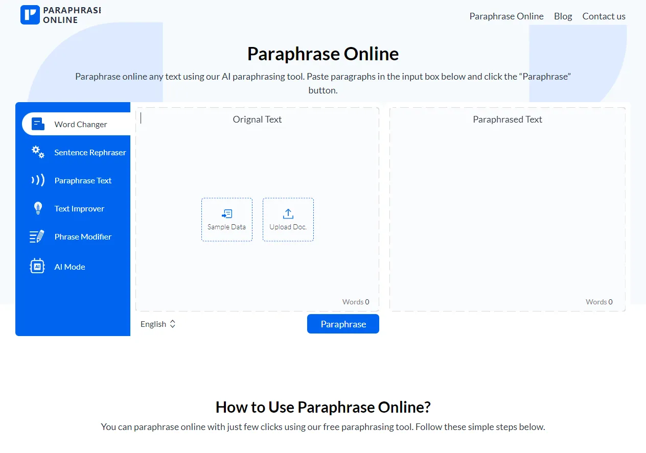 Screenshot of Paraphrase online any text using our AI paraphrasing tool. Paste paragraphs in the input box below and click the “Paraphrase” button.