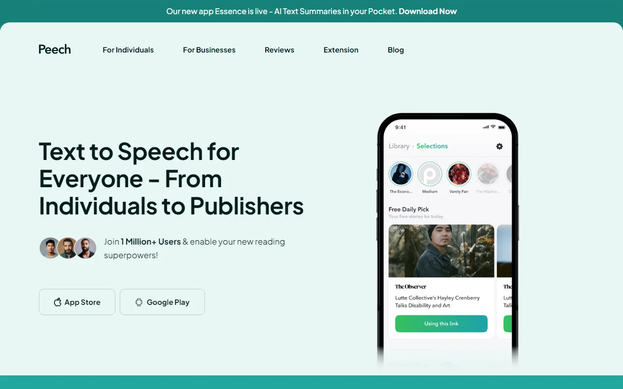 Screenshot of Peech is a powerful Text-to-Speech tool that effortlessly transforms any text into incredibly realistic AI-generated audio.