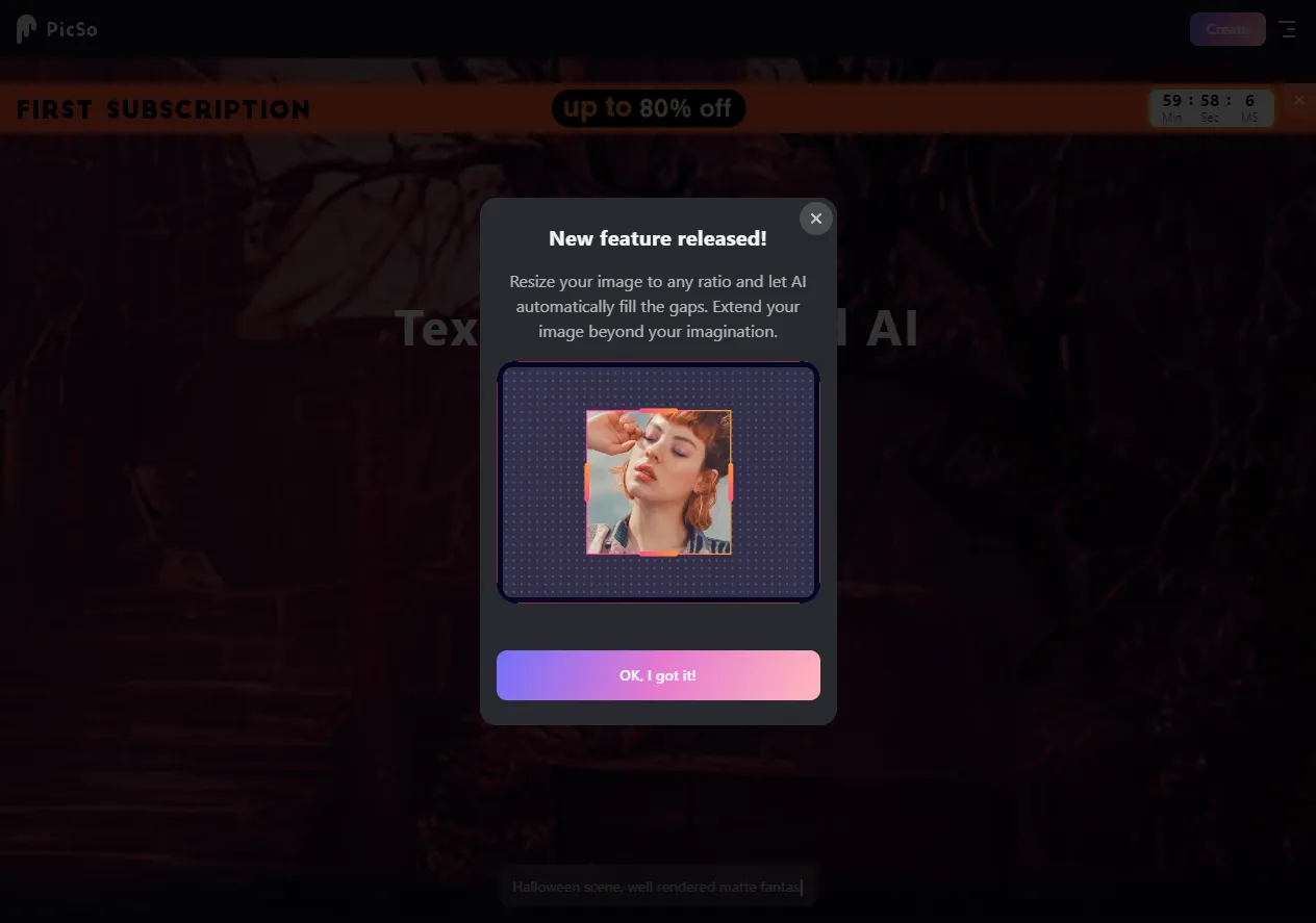Screenshot of AI Art Generator: Text to Image in All Art Styles - PicSo.