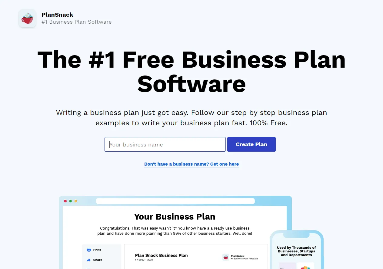 Screenshot of Create your business plan in minutes with our guided business plan generator.