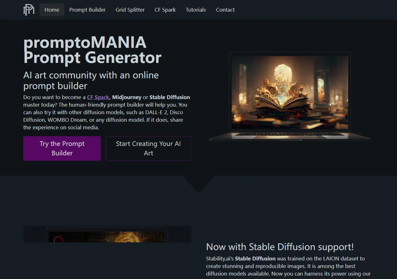 Screenshot of promptoMANIA Prompt Generator - AI art community with an online prompt builder.