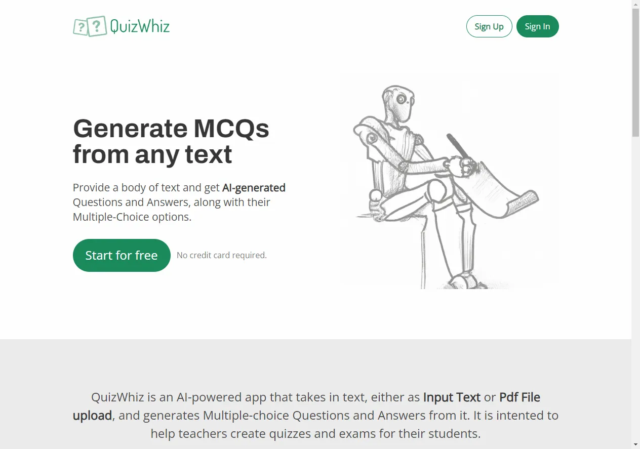 Screenshot of Quizwhiz - Generate Multiple-choice Questions From Any Text.