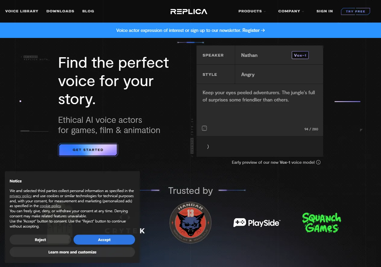Screenshot of Synthesize Voice AI and Natural Sounding Text-to-Speech — Replica.