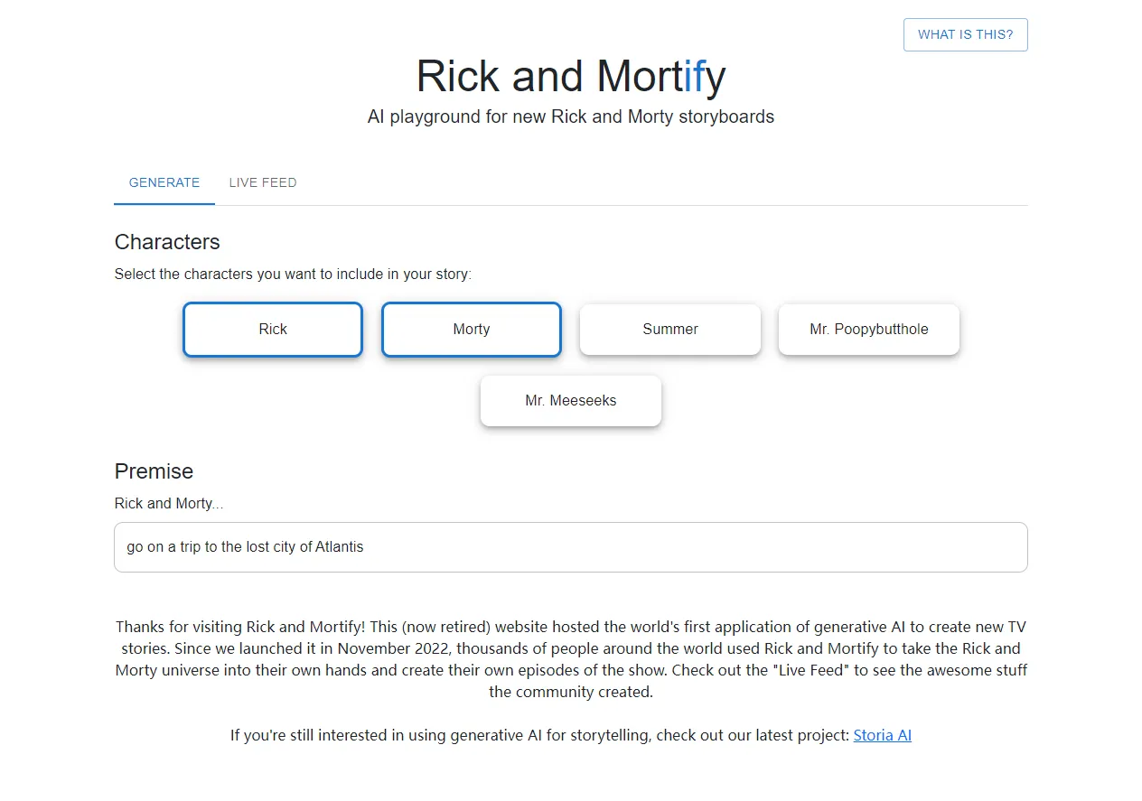 Screenshot of Rick and Mortify - An AI playground for creating new Rick and Morty episodes.