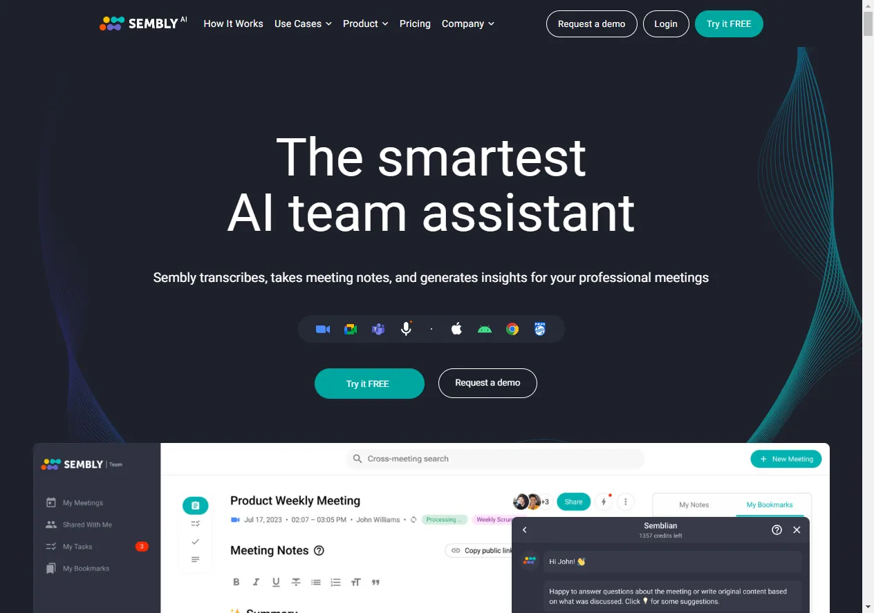 Screenshot of Sembly AI - The smartest AI team assistant.