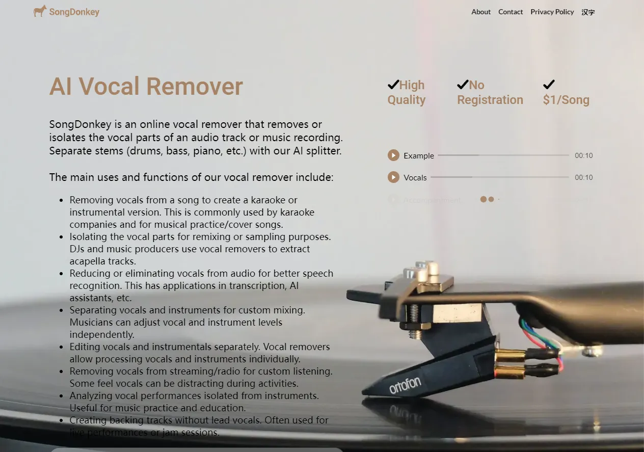 Screenshot of Audio Splitting by SongDonkey - Extract Vocals and Instruments With Artificial Intelligence.