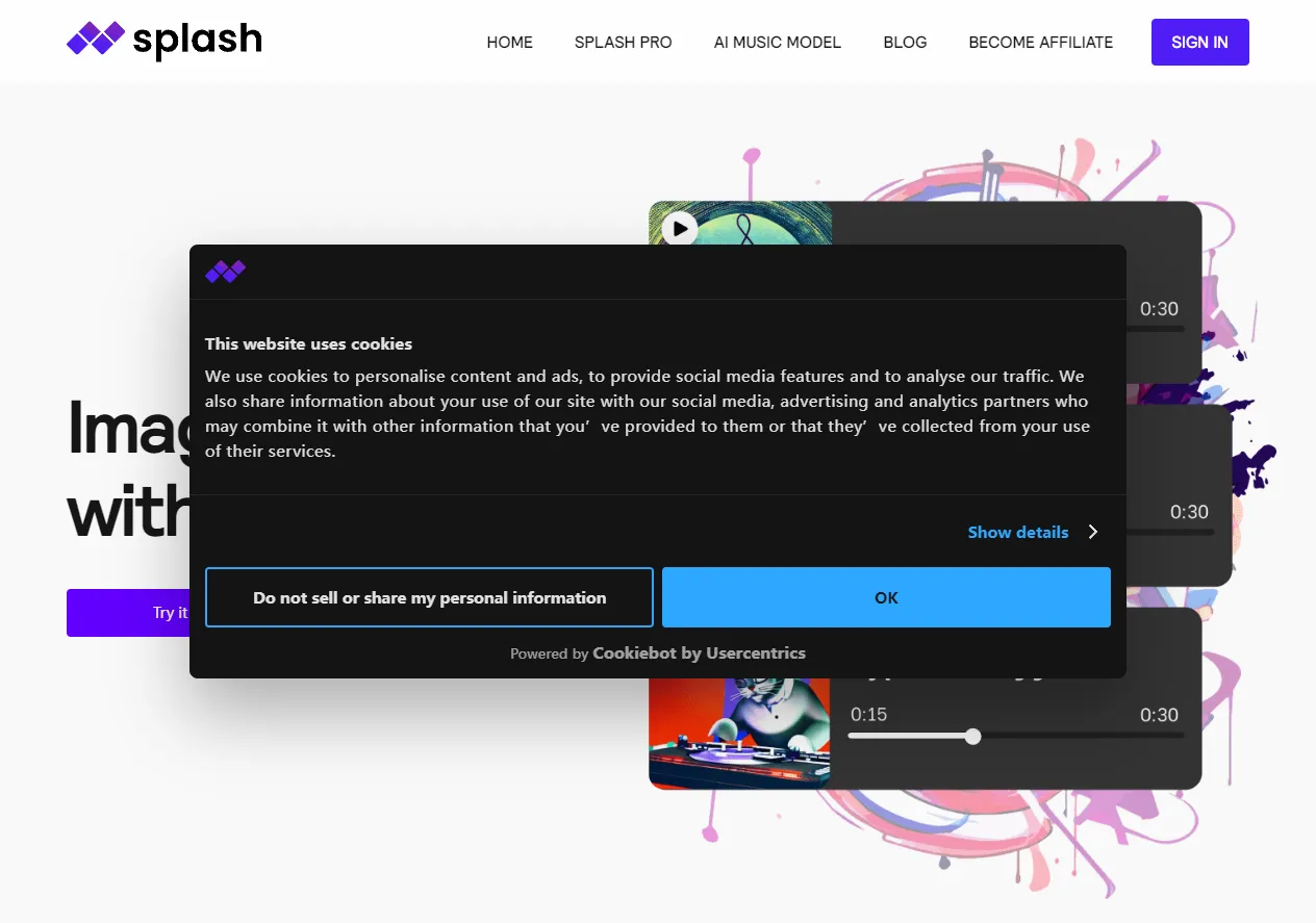 Screenshot of Imagine Music with Splash. Simply — the music you create with Splash Pro is yours to use however, wherever, whenever you want.