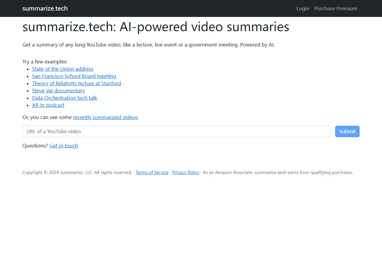 Screenshot of Summarize.Tech: AI-Powered Video Summaries.