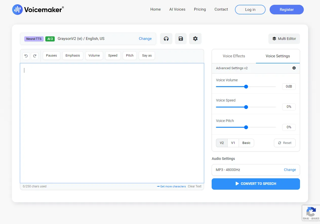 Screenshot of Voicemaker® - Text to Speech Converter.