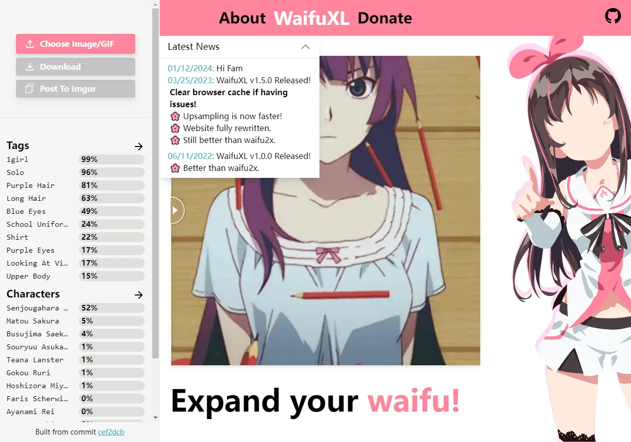 Screenshot of Waifuxl provides state of the art upscaling directly in your browser at the click of a button.