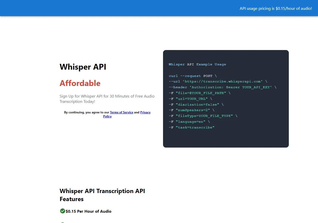 Screenshot of Whisper API is an Affordable, Easy-to-Use Audio Transcription API Powered by OpenAI's Whisper Model.