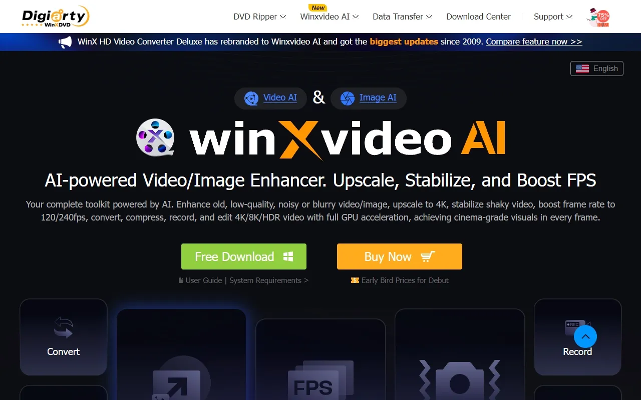 Screenshot of Winxvideo AI - Video & Image Enhancer. Upscale, Stabilize, Convert, Edit, Record Video.