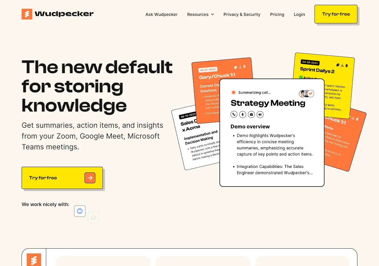 Screenshot of Wudpecker is an AI meeting tool that sets the new default for storing meeting knowledge. Get summaries, action items, and insights from your Zoom, Google Meet, Microsoft Teams meetings.