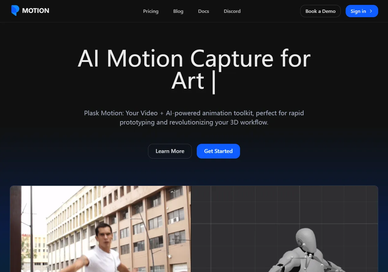 Screenshot of Plask Motion: AI-powered Mocap Animation Tool.