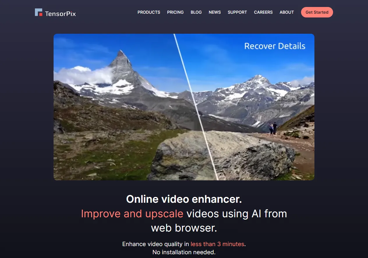 Screenshot of TensorPix - Online video enhancer. Improve and upscale videos using AI from web browser.